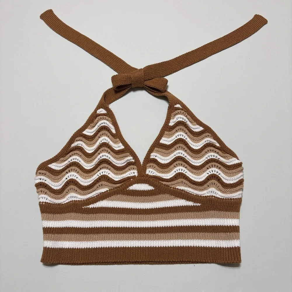 No Boundaries Chevron Striped Crochet Halter Crop Top Size M Brown Boho Festival